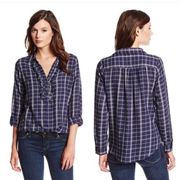 JOIE Fara B Plaid Ruffle Neck Button Down - Picture 1 of 8